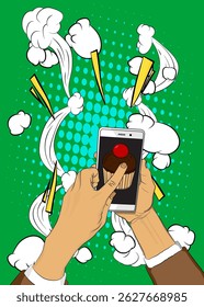 Cartoon Smartphone, comic book Telephone with Cupcake. Retro vector comics pop art design.