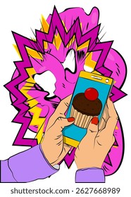 Cartoon Smartphone, comic book Telephone with Cupcake. Retro vector comics pop art design.