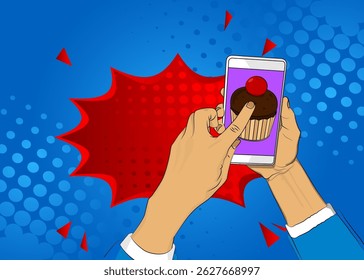 Cartoon Smartphone, comic book Telephone with Cupcake. Retro vector comics pop art design.