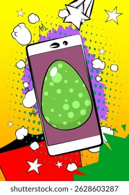 Cartoon Smartphone, comic book Telephone with Easter Egg. Retro vector comics pop art design.