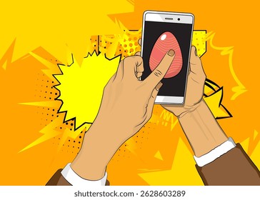 Cartoon Smartphone, comic book Telephone with Easter Egg. Retro vector comics pop art design.