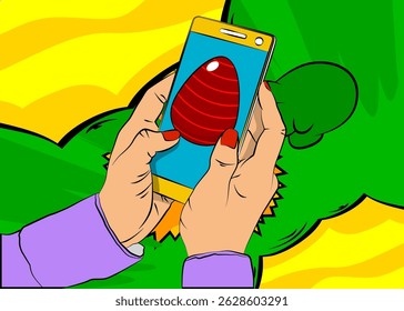 Cartoon Smartphone, comic book Telephone with Easter Egg. Retro vector comics pop art design.