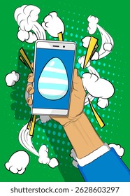 Cartoon Smartphone, comic book Telephone with Easter Egg. Retro vector comics pop art design.