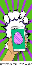 Cartoon Smartphone, comic book Telephone with Easter Egg. Retro vector comics pop art design.