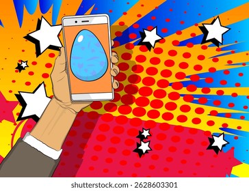 Cartoon Smartphone, comic book Telephone with Easter Egg. Retro vector comics pop art design.
