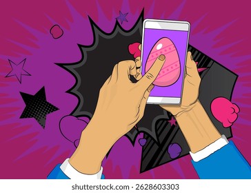 Cartoon Smartphone, comic book Telephone with Easter Egg. Retro vector comics pop art design.