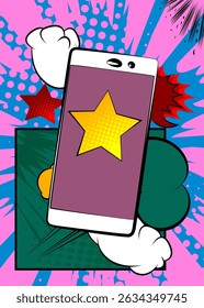 Cartoon Smartphone, comic book Telephone with Star. Retro vector comics pop art design.