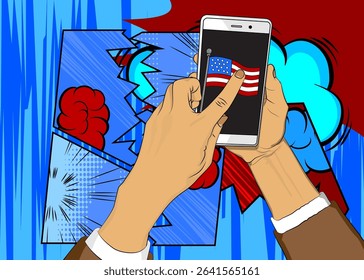 Cartoon Smartphone, comic book Telephone with American Flag. Retro vector comics pop art design.