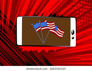 Cartoon Smartphone, comic book Telephone with American Flag. Retro vector comics pop art design.