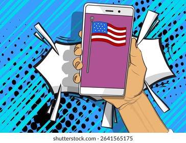 Cartoon Smartphone, comic book Telephone with American Flag. Retro vector comics pop art design.