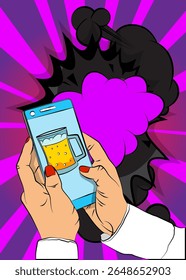 Cartoon Smartphone, comic book Telephone with Beer glass. Retro vector comics pop art design.