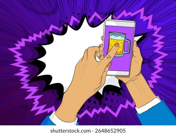 Cartoon Smartphone, comic book Telephone with Beer glass. Retro vector comics pop art design.