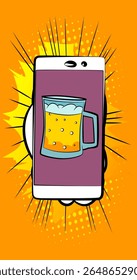 Cartoon Smartphone, comic book Telephone with Beer glass. Retro vector comics pop art design.