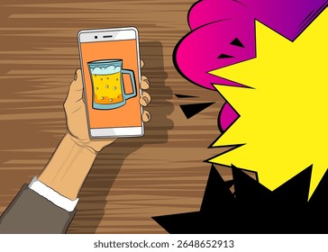 Cartoon Smartphone, comic book Telephone with Beer glass. Retro vector comics pop art design.