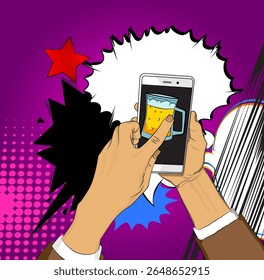 Cartoon Smartphone, comic book Telephone with Beer glass. Retro vector comics pop art design.