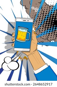 Cartoon Smartphone, comic book Telephone with Beer glass. Retro vector comics pop art design.