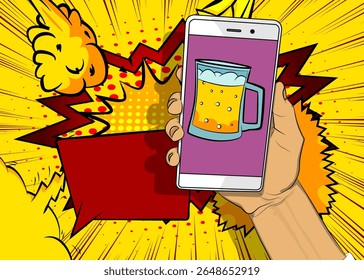 Cartoon Smartphone, comic book Telephone with Beer glass. Retro vector comics pop art design.