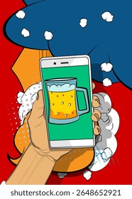 Cartoon Smartphone, comic book Telephone with Beer glass. Retro vector comics pop art design.