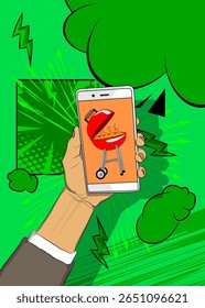 Cartoon Smartphone, comic book Telephone with Burning wood in barbeque grill. Retro vector comics pop art design.