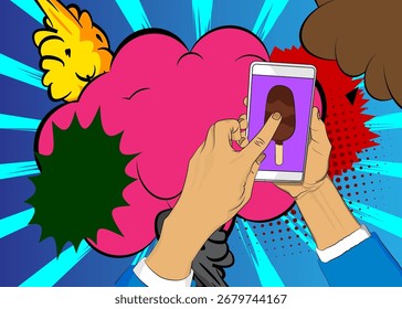 Cartoon Smartphone, comic book Telephone with Ice Cream. Retro vector comics pop art design.
