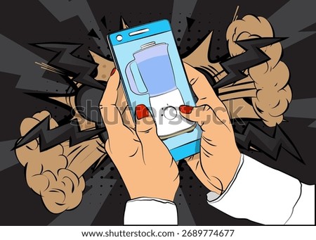 Cartoon Smartphone, comic book Telephone with Food Blender. Retro vector comics pop art design.