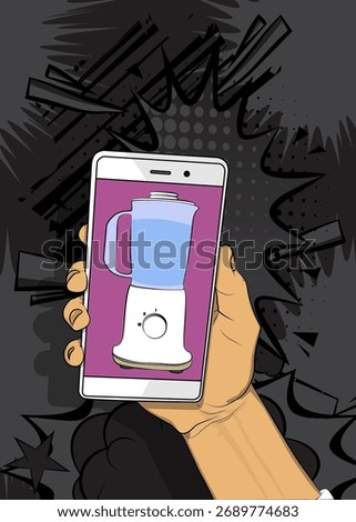 Cartoon Smartphone, comic book Telephone with Food Blender. Retro vector comics pop art design.