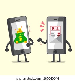 Cartoon smartphone with electronic bill payment call money from smartphone with money bag