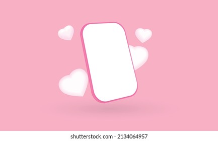 Cartoon smartphone with floating hearts and copyspace, Valentines day, Mobile phone mockup