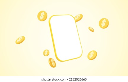 Smartphone de dibujos animados con moneda de oro volando en el aire, Stablecoin Crypto en móvil