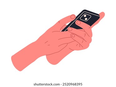 Smartphone de dibujos animados en las manos. Usuario de teléfono móvil, pantalla de dispositivo táctil de mano humana y Ilustración vectorial plana de desplazamiento o golpeteo. Manos que sostienen el smartphone