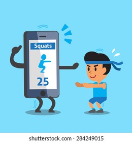 Cartoon smartphone helping a man to do squat workout