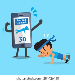 Cartoon smartphone helping a man to do the alternate arm and leg plank workout