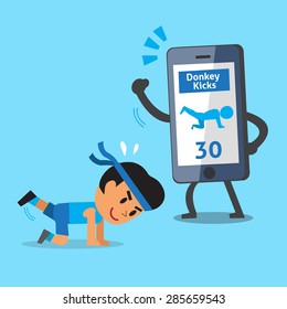 Cartoon smartphone helping a man to do donkey kick exercise training