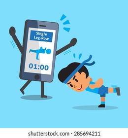 Cartoon smartphone helping a man to do single-leg row exercise