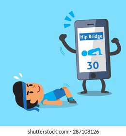 Cartoon smartphone helping a man to do hip bridge exercise