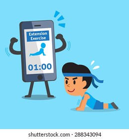 Smartphone de dibujos animados que ayuda a un hombre a hacer entrenamiento de ejercicios de extensión