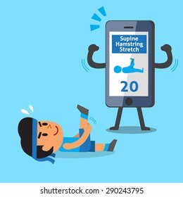 Cartoon smartphone helping a man to do supine hamstring stretch exercise