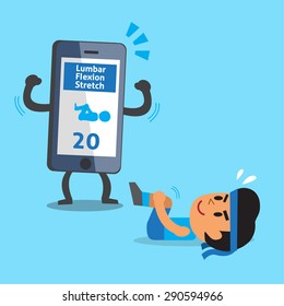 Cartoon smartphone helping a man to do lumbar flexion stretch exercise