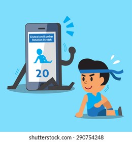 Cartoon smartphone helping a man to do gluteal and lumbar rotation stretch exercise