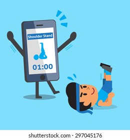 Cartoon smartphone helping a man to do shoulder stand exercise