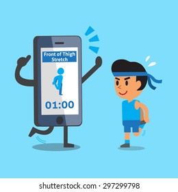 Cartoon smartphone helping a man to do front of thigh stretch exercise