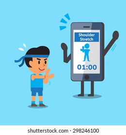 Cartoon smartphone helping a man to do shoulder stretch exercise