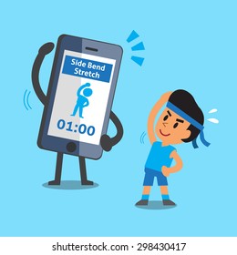 Cartoon smartphone helping a man to do side bend stretch exercise