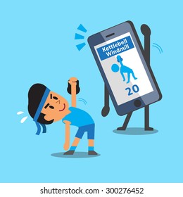 Cartoon smartphone helping a man to do kettlebell windmill exercise
