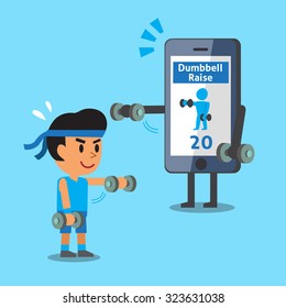 Cartoon smartphone helping a man to do front dumbbell raise exercise