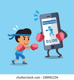 Cartoon smartphone helping a man to do boxing training