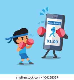 Cartoon smartphone helping man to do boxing training