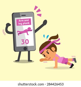 Cartoon smartphone helping a woman to do the alternate arm and leg plank workout