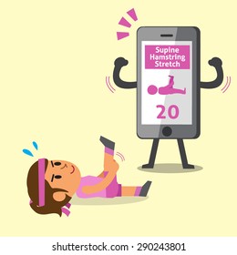 Cartoon smartphone helping a woman to do supine hamstring stretch exercise