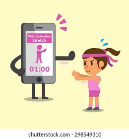 Cartoon smartphone helping a woman to do wrist extension stretch exercise